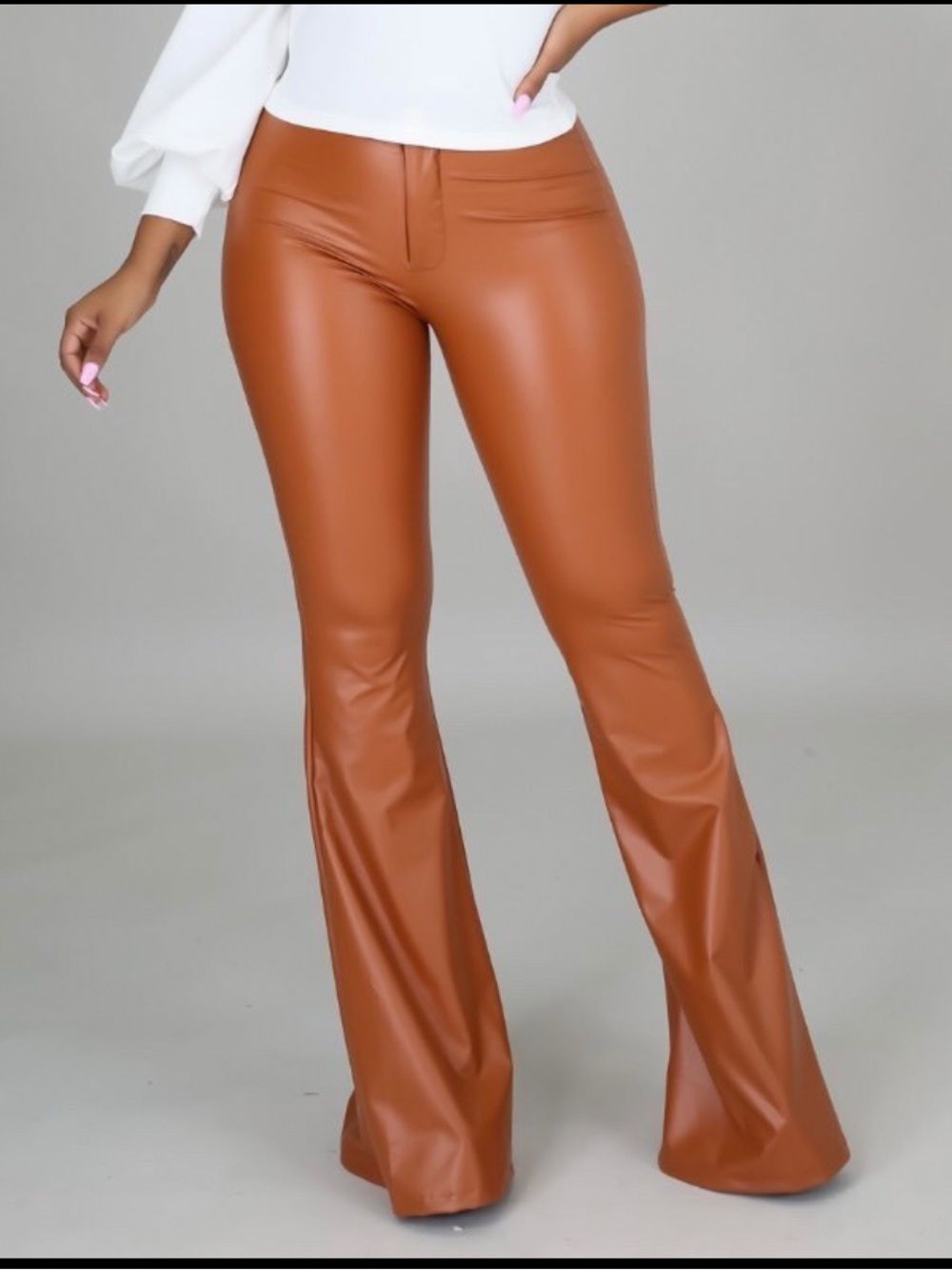 Available in L and S. Faux Leather Flare Pants in Cognac - Women's Pants